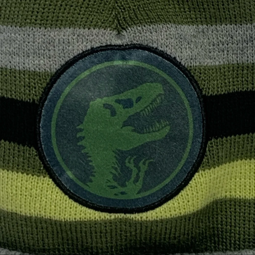 Jurassic World Kids Gray/Green Striped Hat with Pom Pom | One Size Fits Most